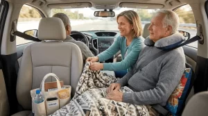 A smiling mesothelioma caregiver prepares a patient for travel with a comfort kit in the car.