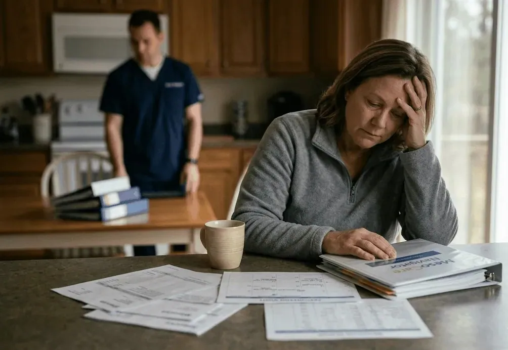 A middle-aged female mesothelioma caregiver slumped at a kitchen counter with an expression of deep fatigue, resting her head in her hand while surrounded by medical bills and organized binders labeled MesoCare Navigator
