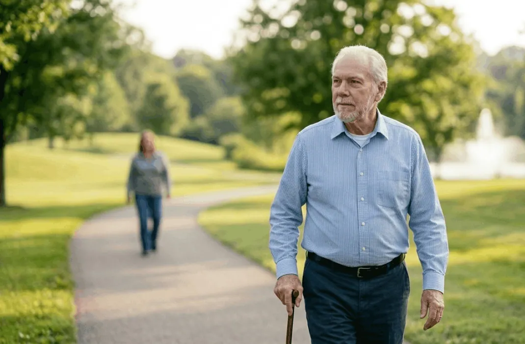 a patient purposefully walking forward on a paved path in a sunlit park, dressed in his blue shirt, illustrating 'a rhythm that your body can rely on' for cognitive clarity.