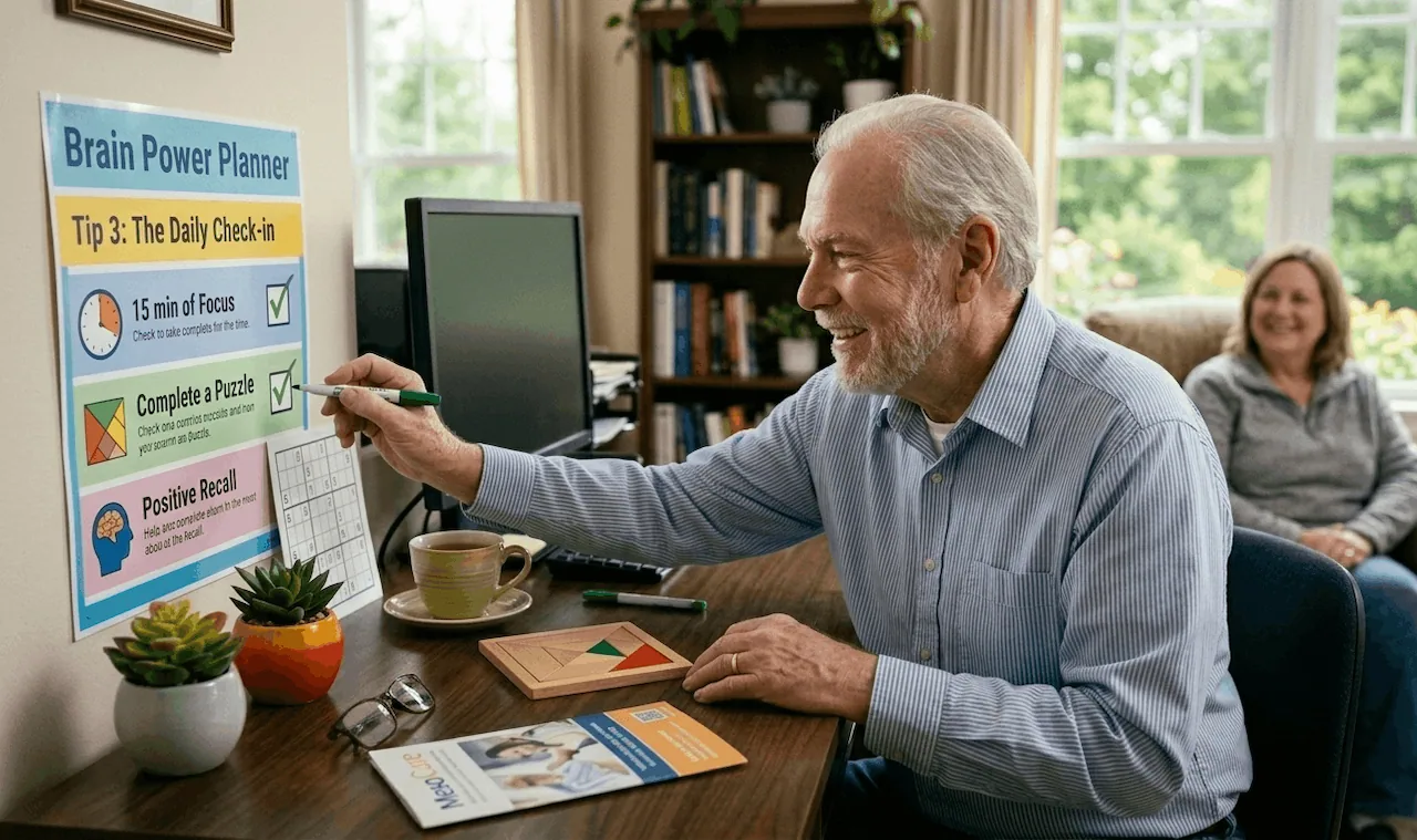 hoto of a middle-aged male mesothelioma patient (Arthur) sitting at a sunlit desk, smiling in accomplishment as he points to a completed Sudoku puzzle, with an organized navigator planner visible near his hand. A garden is seen outside the window
