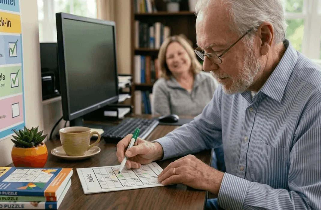 A close-up, natural light photograph of Arthur sitting at a desk, focused as he completes a colorful Sudoku puzzle, reinforcing practical cognitive tips