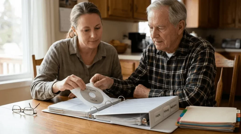 A senior Navy veteran and a family caregiver collaborate to organize a master binder using tabbed dividers, while a CD-ROM labeled 'CT SCAN 10/24' is inserted into a protective sleeve. This image visually depicts the mesothelioma diagnosis checklist process for newly diagnosed patients.
