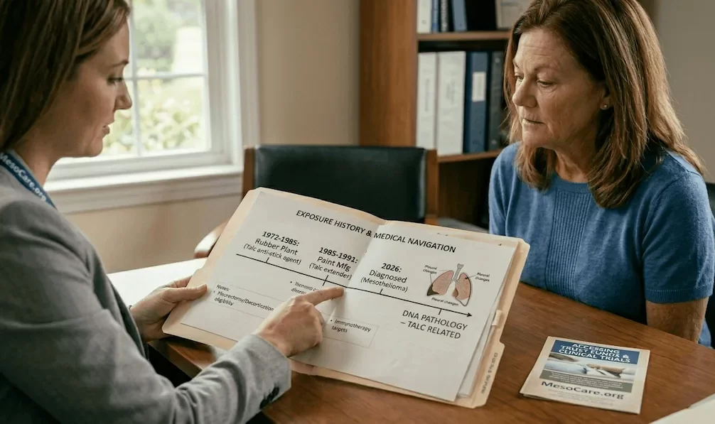 A documentary-style photograph of an older woman with warm brown hair consulting with a female Nurse Navigator in a warm medical office. An open file folder is on the desk between them, labeled 'EXPOSURE HISTORY & MEDICAL NAVIGATION'.