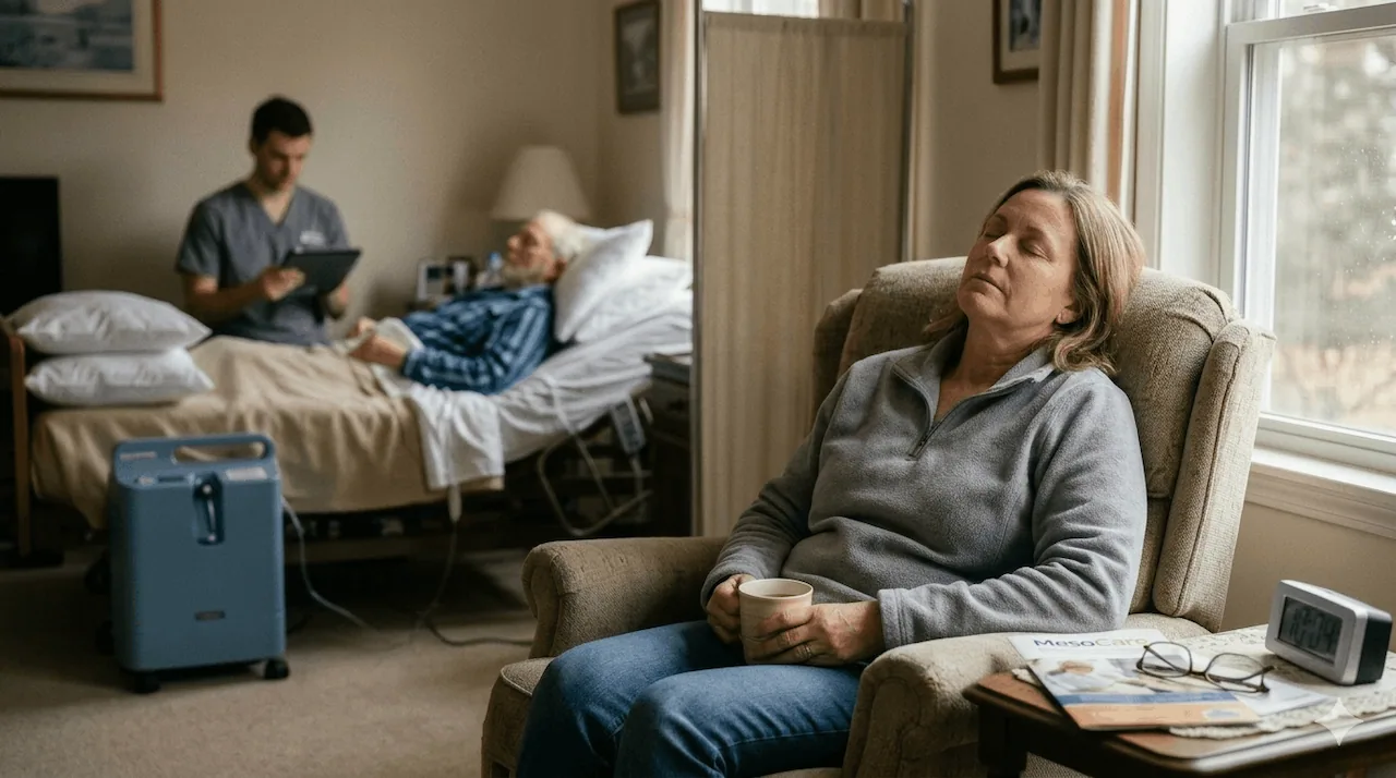 A wide cinematic photo of a woman in an armchair resting by a window, with a blurred mesothelioma patient and an advocate in the distance, optimized as a hero image