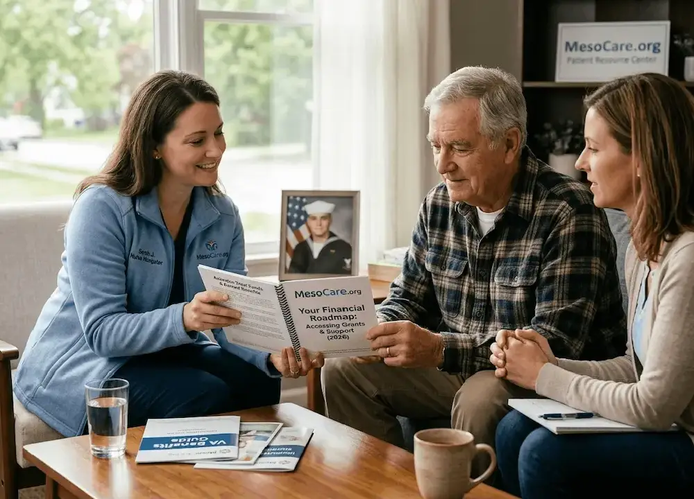 A MesoCare.org nurse navigator, in a soft blue jacket, holds a tablet displaying a 2026 visualization of how mesothelioma immunotherapies (monoclonal antibodies) strip the protective 'fake ID' disguise from cancer cells. She is explaining the mechanism to a senior veteran and his adult daughter in a comforting consultation room.