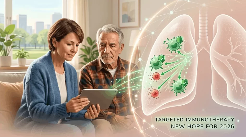 A caregiver and a senior man looking at a tablet next to a digital medical illustration of immunotherapy attacking cancer cells in the lungs.