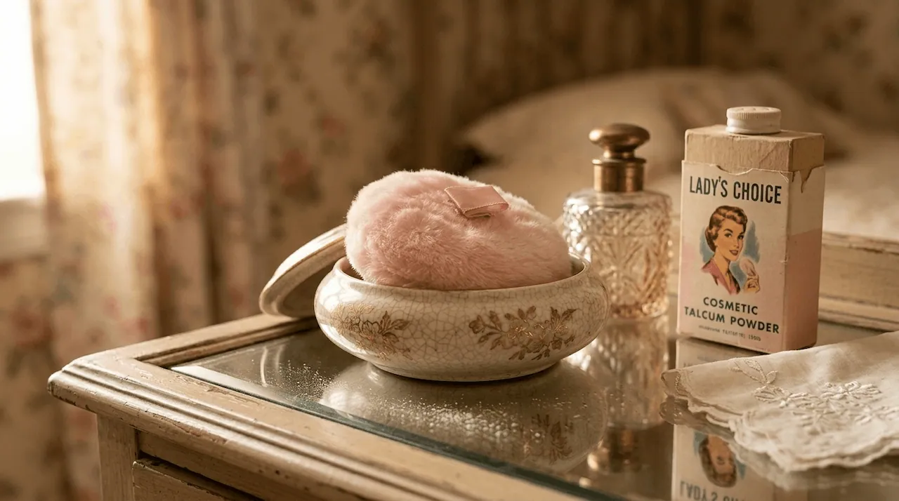A photo of a vintage wooden vanity. An antique pink powder puff rests in an open ceramic dish next to a half-empty box of 'LADY'S CHOICE' talcum powder. The nostalgic setting illustrates the 'invisible link' between daily cosmetic dusting routines and mesothelioma in women in 2026