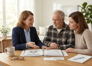 A supportive patient advocate acts as a "navigator" for a construction veteran and his family, helping them understand medical terms, clinical trials, and financial aid options in a warm, comfortable home setting.