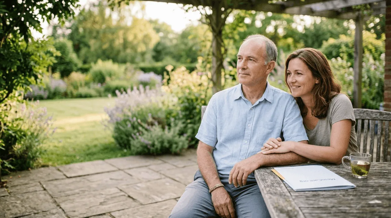 photo of a middle-aged male mesothelioma patient with grey hair, and a female caregiver, sitting calmly on a sunlit patio. They are looking over a peaceful, thriving garden, illustrating the concept of stable disease and the new normal of long-term monitoring.