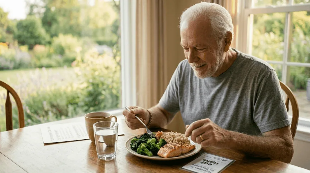 a mesothelioma patient sitting at a table. He has a plate of grilled salmon, broccoli, and spinach, illustrating how high-quality proteins and antioxidants support physical recovery in 2026. A nutritious meal helps rebuild strength when physical reserve is low.