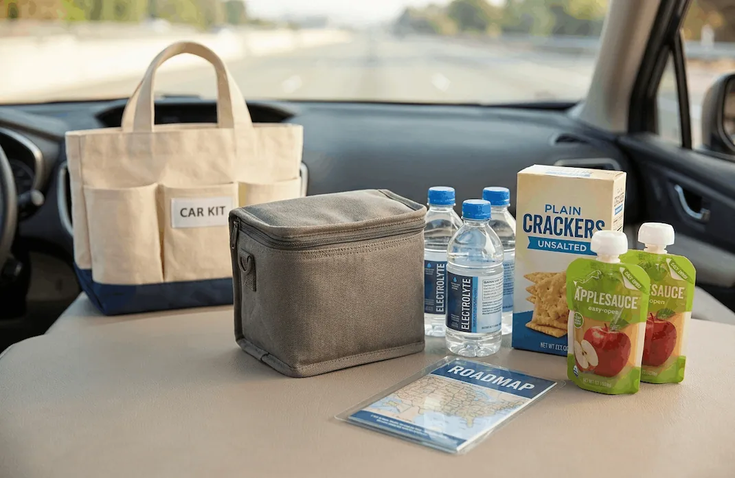 A car-friendly snack kit for mesothelioma patients featuring electrolyte water, crackers, and applesauce.