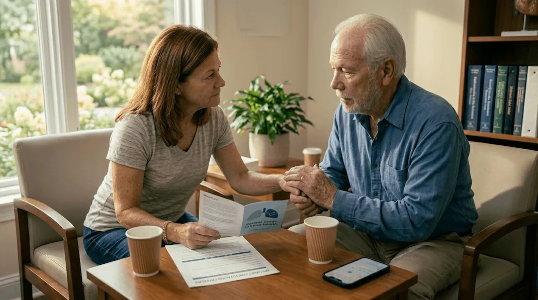 A documentary-style close-up photograph of an older caregiver, Sarah, holding the hand of a veteran, Arthur, in a quiet, sunlit hospital waiting room. Sarah leans forward with an empathetic, focused expression, holding a MesoCare pamphlet and a 'SPECIALIST CONSULTATION CHECKLIST' open on a small wooden table between them. Arthur looks thoughtful and slightly hesitant. Natural afternoon light filters from a garden window, highlighting the texture of their intertwined hands. Fine film grain, natural textures. F/4.0 lens. No digital text overlays or borders.