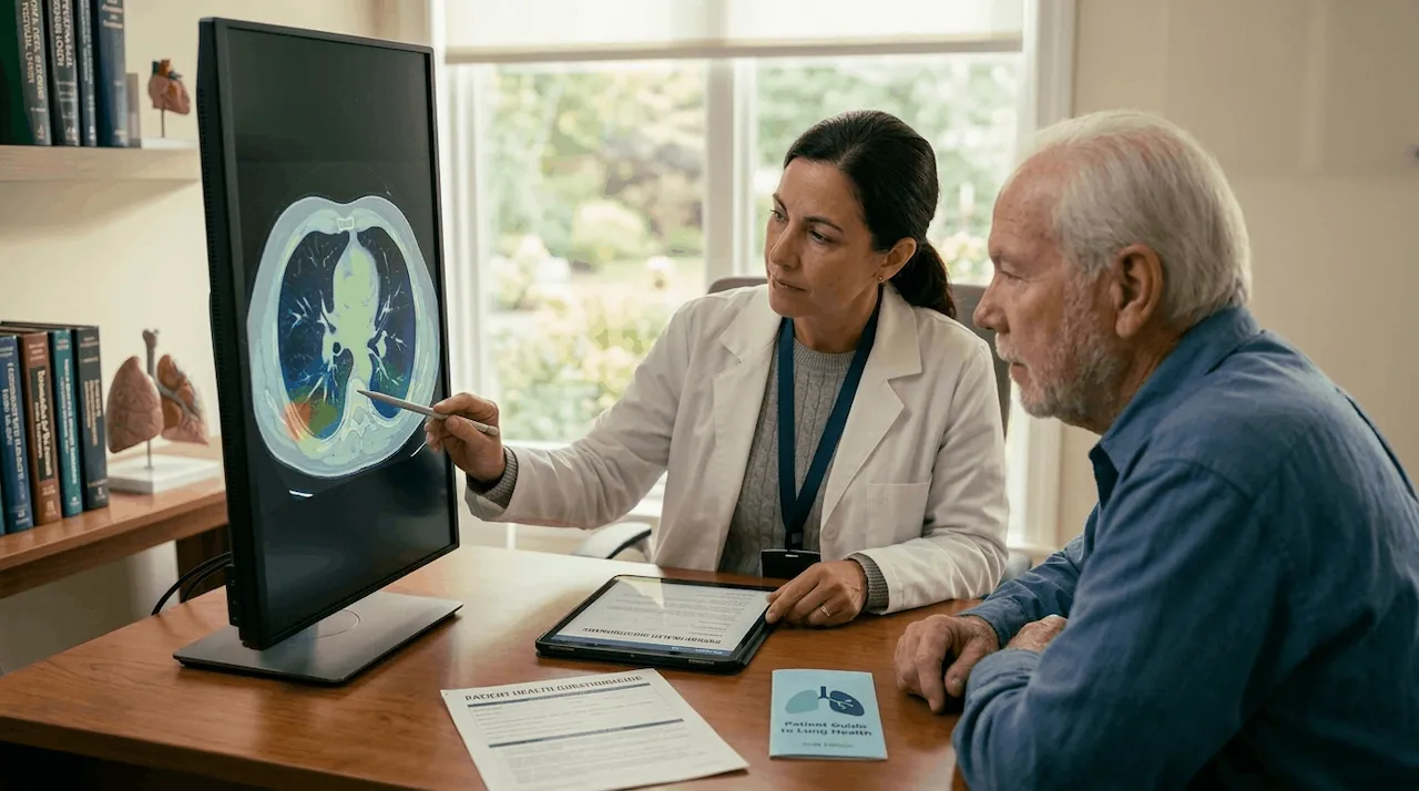 An older veteran with white hair, Arthur, sits opposite a compassionate female pulmonologist in a modern medical office in 2026. They are consulting over a large vertical monitor displaying a color-coded Low-Dose CT (LDCT) scan of his lungs. Natural light filters through a garden window, illuminating rising dust particles that subtly hint at his past industrial exposure. The focus is sharp on their shared observation. F/4.0 lens. Fine film grain.