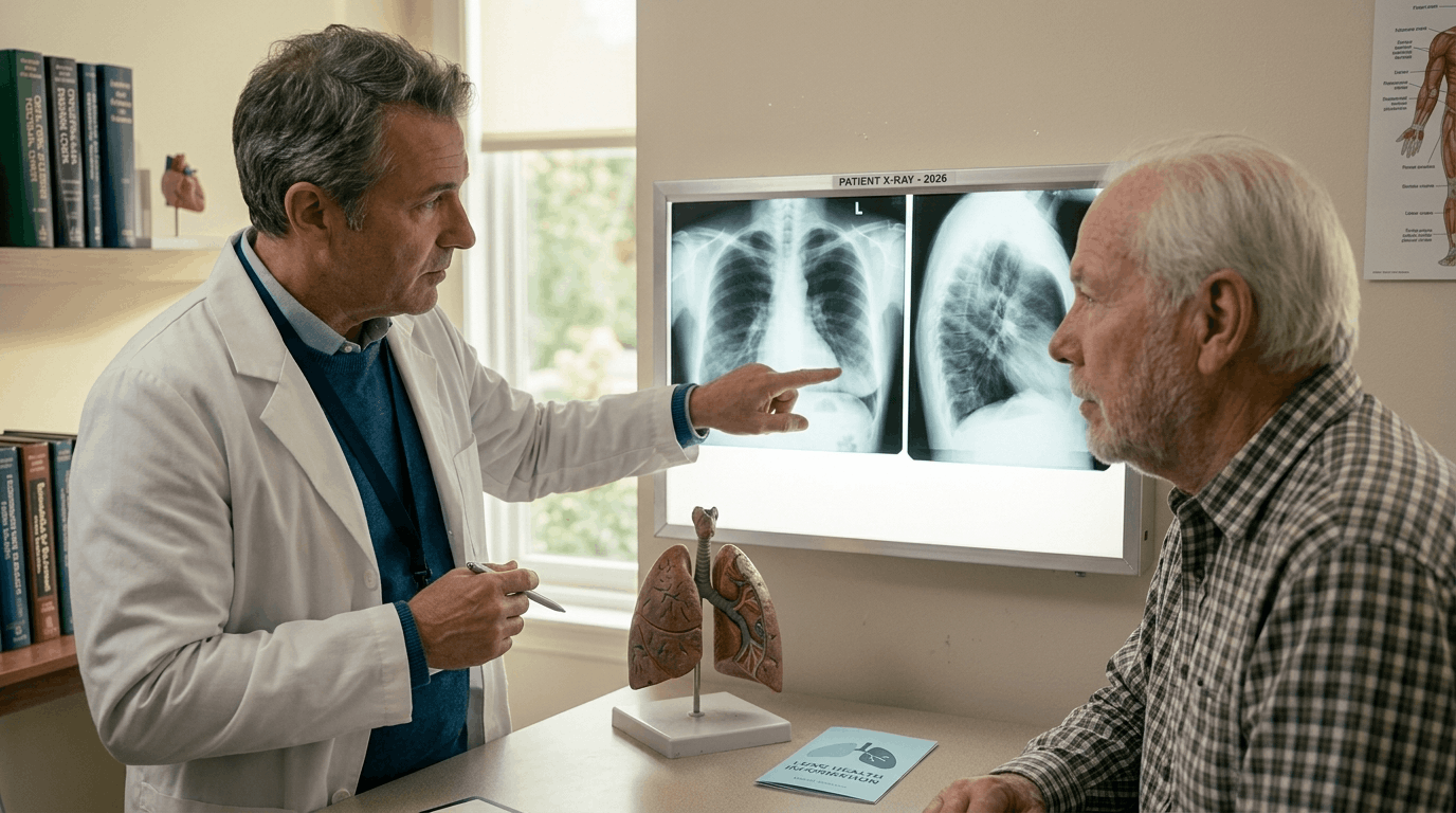 A documentary-style close-up of Arthur, an older veteran with white hair, and a male primary care physician consulting over an analog chest X-ray view box. The generic doctor is serious and pointing to a subtle, grey-on-grey change in the lower pleural lining which is difficult to distinguish from the surrounding tissues. Arthur looks attentive and serious. Natural afternoon light filters from a window. Fine film grain, natural textures. F/4.0 lens. No digital text overlays or borders.