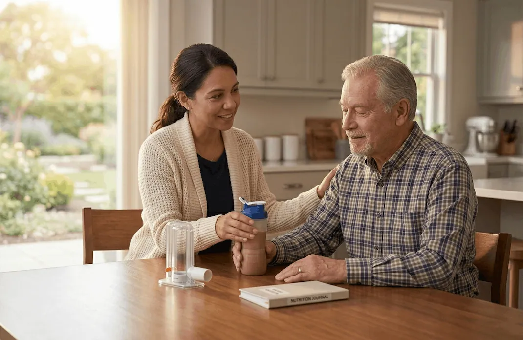 A caregiver helps a mesothelioma patient with a nutrition shake and a breathing exercise device at home.