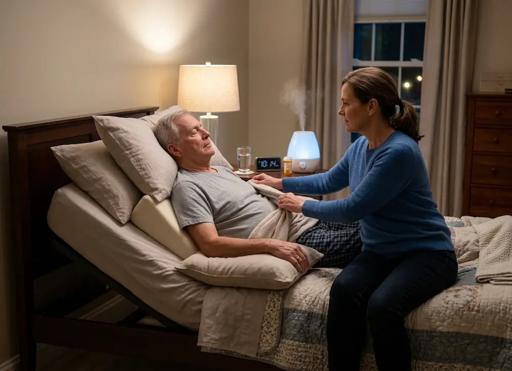 A caregiver helping a mesothelioma patient rest comfortably with his upper body elevated to help him breathe easier at night.