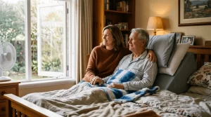 A caregiver helps an older man sit comfortably in bed using a wedge pillow, illustrating mesothelioma sleep tips for better rest and breathing.