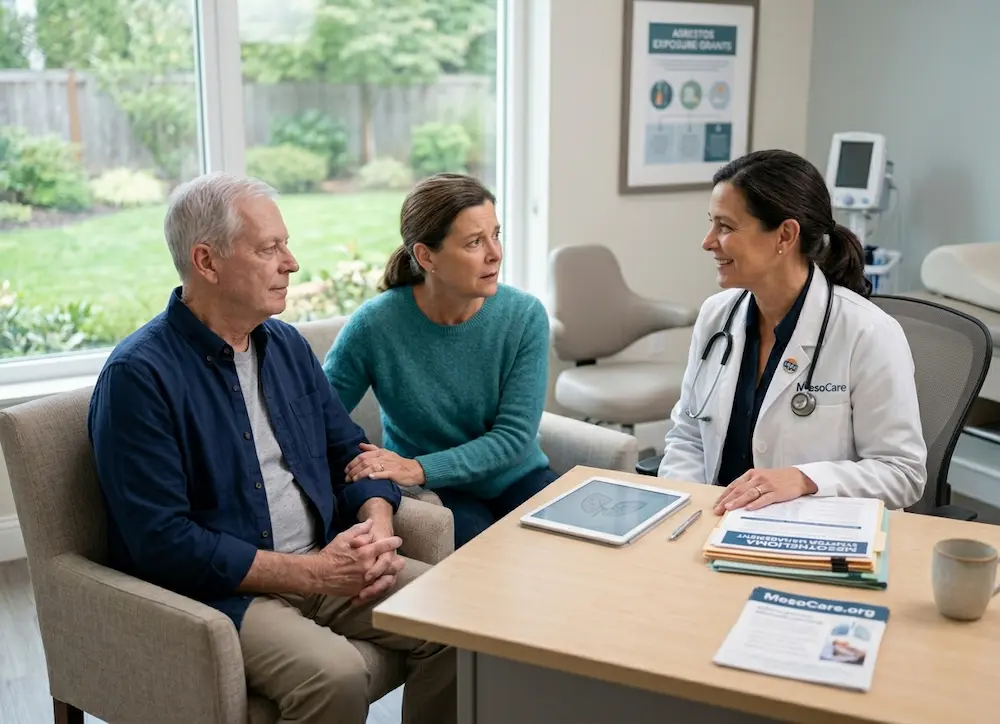 A supportive consultation in a clean, modern clinic with a mesothelioma specialist, a patient, and his family caregiver.