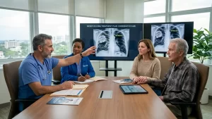 A multidisciplinary team explaining mesothelioma specialized medical care to a patient and family member.