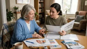 Caregiver reviewing a medical binder and staging chart with an elderly loved one facing environmental asbestos exposure.