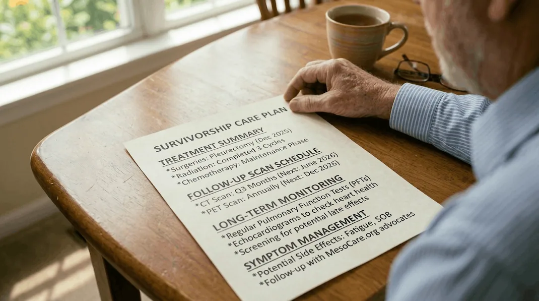 a mesothelioma patient sitting at a warm wooden table. A printed 'Survivorship Care Plan' document is resting on the table, clearly displaying headers for 'Treatment Summary,' 'Scan Schedule,' and 'Long-Term Monitoring.' The bullet points under monitoring are sharply legible, detailing regular PFTs and echocardigrams