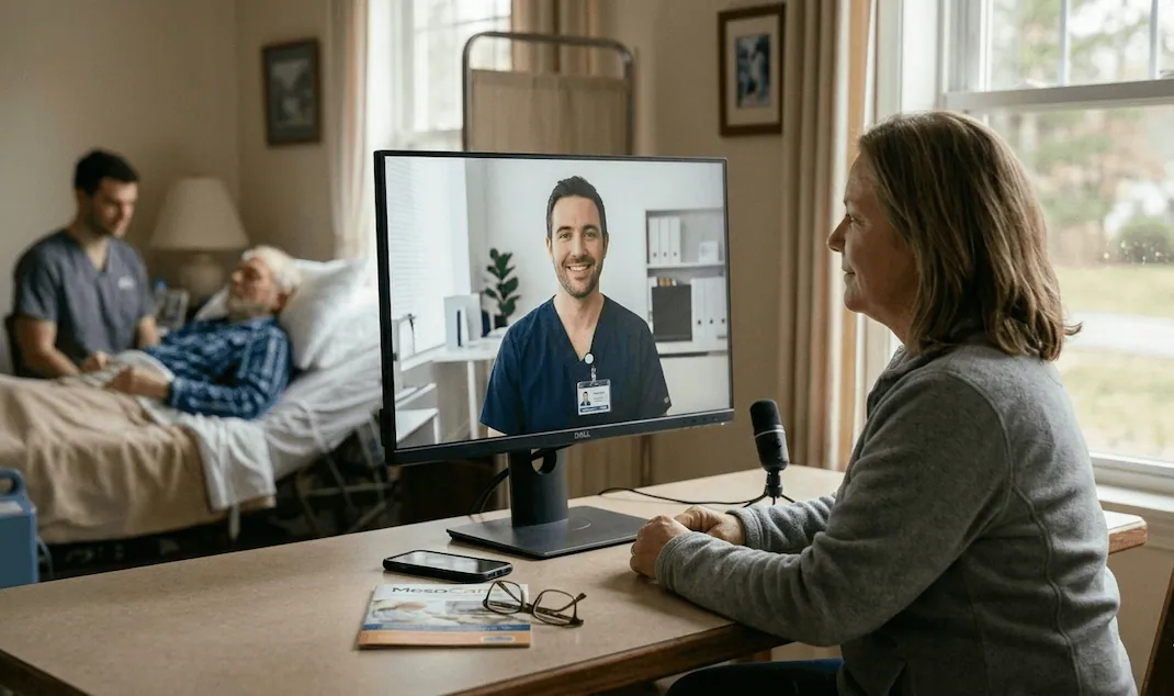 A middle-aged female mesothelioma caregiver (Sarah) sitting at a focused home desk setup, actively participating in a telehealth consultation on a large monitor with a clear video link to a Nurse Navigator