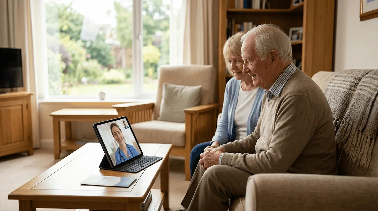 An elderly veteran and his spouse sitting in their comfortable, sunlit living room while receiving a mesothelioma telehealth expert second opinion from a nurse navigator on a tablet.
