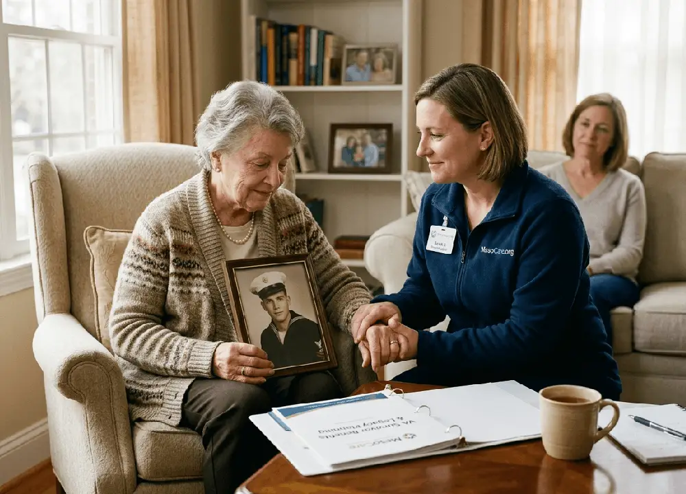 A comforting MesoCare.org nurse navigator sitting with a senior widow in a home setting, providing support while the widow holds a framed photo of her late Navy veteran husband.