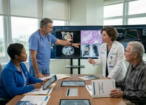 A multidisciplinary mesothelioma team reviewing a patient's scans and medical records together.