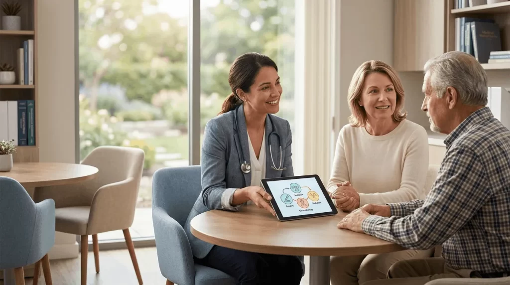 A daughter and elderly father look at a tablet as a mesothelioma doctor explains an complex treatment diagram.