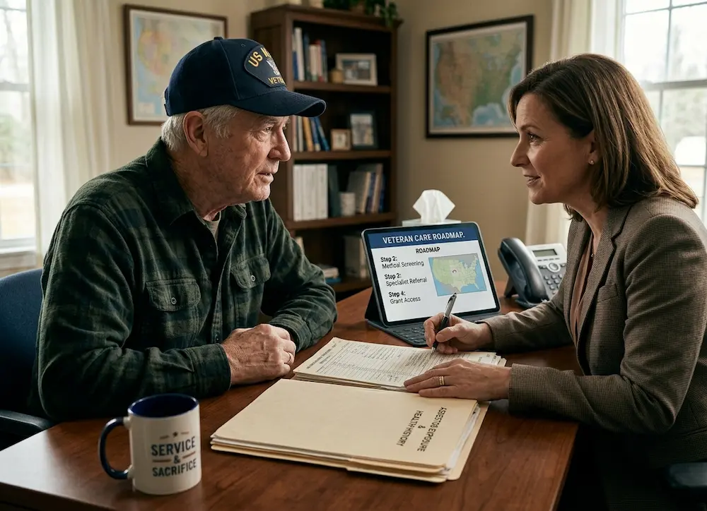An elderly Navy veteran, similar to the man in image_0.png, sits at a desk across from a female MesoCare patient advocate. They are reviewing his service record booklet and an asbestos health history folder, while the advocate references a digital "ROADMAP" on a tablet. The familiar 'SERVICE & SACRIFICE' mug is present.