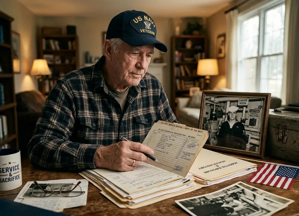 An elderly Navy veteran with a US Navy cap sits at a desk, reviewing his official Military Service Record documents and pointing to a list of MOS codes to identify potential asbestos exposure, next to a photo of his younger self in a ship engine room.