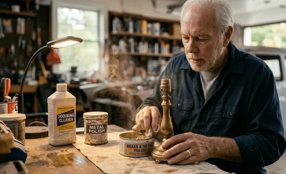 A documentary-style close-up photograph in a home workshop. An older man with white hair, wearing a work shirt, is focused on polishing a vintage brass lamp with a compound. A fine cloud of airborne dust particles is visibly rising from an open, dented metal tin labeled 'BRASS & METAL POLISH - CONTAINS TALC (Scouring Agent)'. Natural light from a window and a workshop LED catch the dust. Worn containers of 'SCOURING CLEANER' and 'METAL POLISH' are on the bench. Fine film grain, natural textures, and a cautionary, empathetic tone are emphasized.