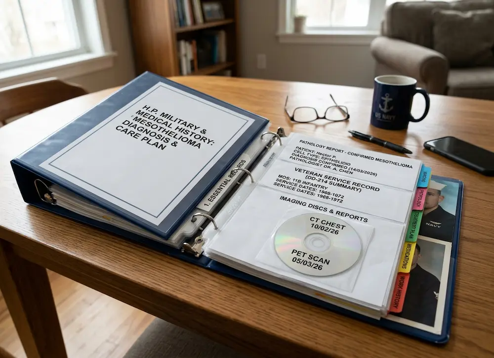 A hyper-realistic close-up photograph of an open, labeled mesothelioma binder on a wooden table, featuring clear sleeves containing summary medical and service records.