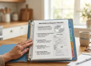 A blue three-ring medical binder on a kitchen table containing a Mesothelioma Diagnosis Checklist with tabs for pathology, imaging, and treatment.