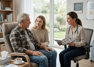 A smiling female healthcare advocate with a stethoscope holding a brochure while discussing supportive care options with an elderly male patient and his daughter in a bright, comfortable room.