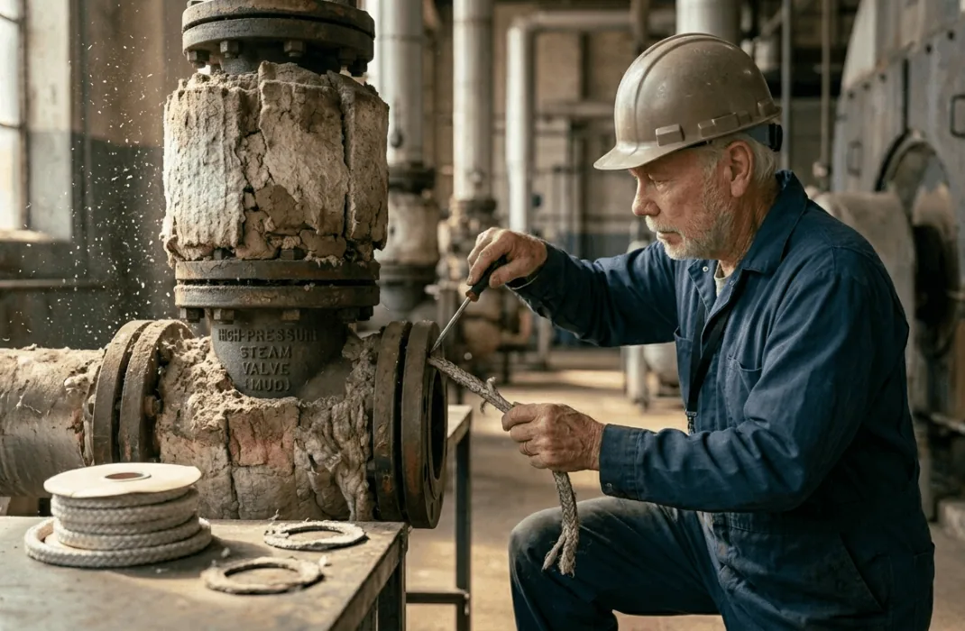 an older veteran with white hair, dressed in dark blue work coveralls and a hard hat, kneeling to carefully pry open a large flange joint on a complex, insulated high-pressure steam valve assembly on a boiler system inside a massive power plant in 2026. Microscopic asbestos fibers are visibly airborne. A nearby unbranded metal workbench holds weathered gaskets and a roll of new, unbranded braided asbestos rope packing.