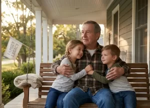 A senior male veteran sitting on a wooden porch swing, sharing a warm and hopeful moment as he embraces his two young grandchildren, symbolizing family protection and legacy.