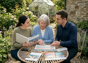 Supportive guide reviewing trust fund paperwork outdoors with a family affected by environmental asbestos exposure.
