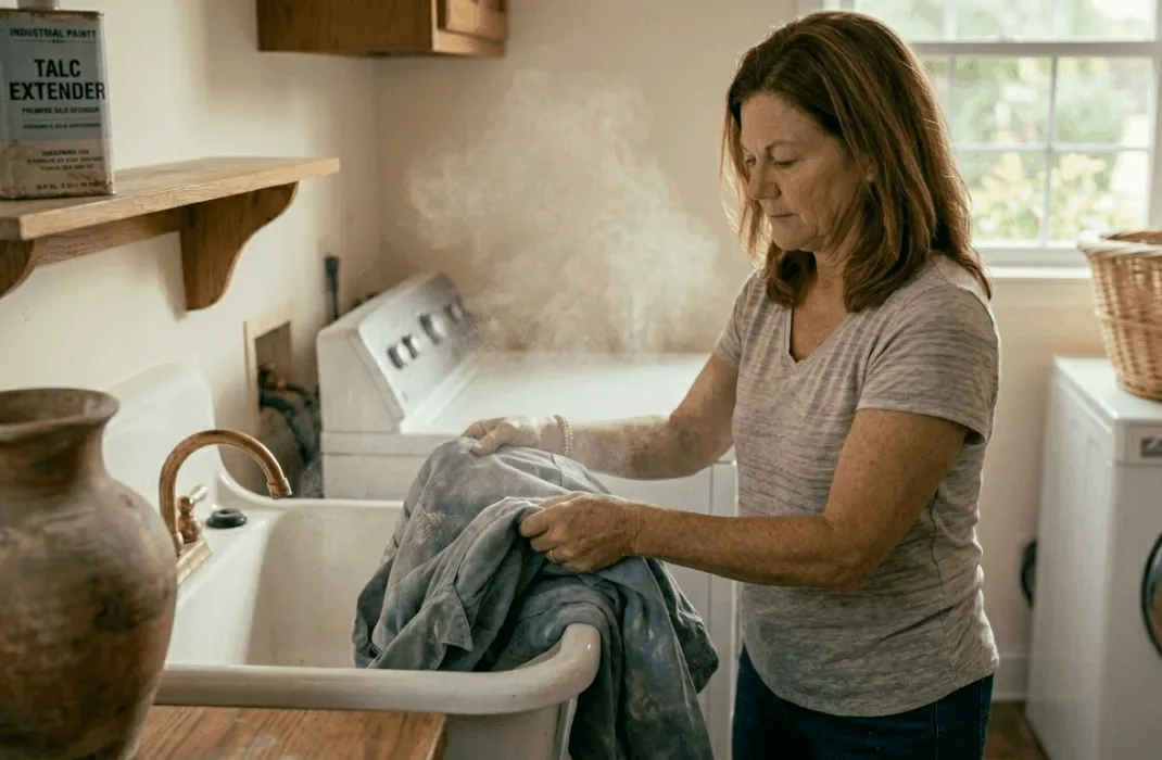 A documentary-style photograph of an older woman with warm brown hair, in a simple striped shirt, carefully placing a dusty light-blue work jacket into a deep porcelain utility sink. A weathered clay vase and a blurred paint extender can are near the sink. Natural afternoon light illuminates a concentrated cloud of fine white talc dust shaking loose and rising in the air around her hands and face. The background is a clean, nostalgic laundry room. The focus is sharp on her hands, the sink, and the dust cloud. Quiet, cautionary tone. Fine film grain, natural textures.