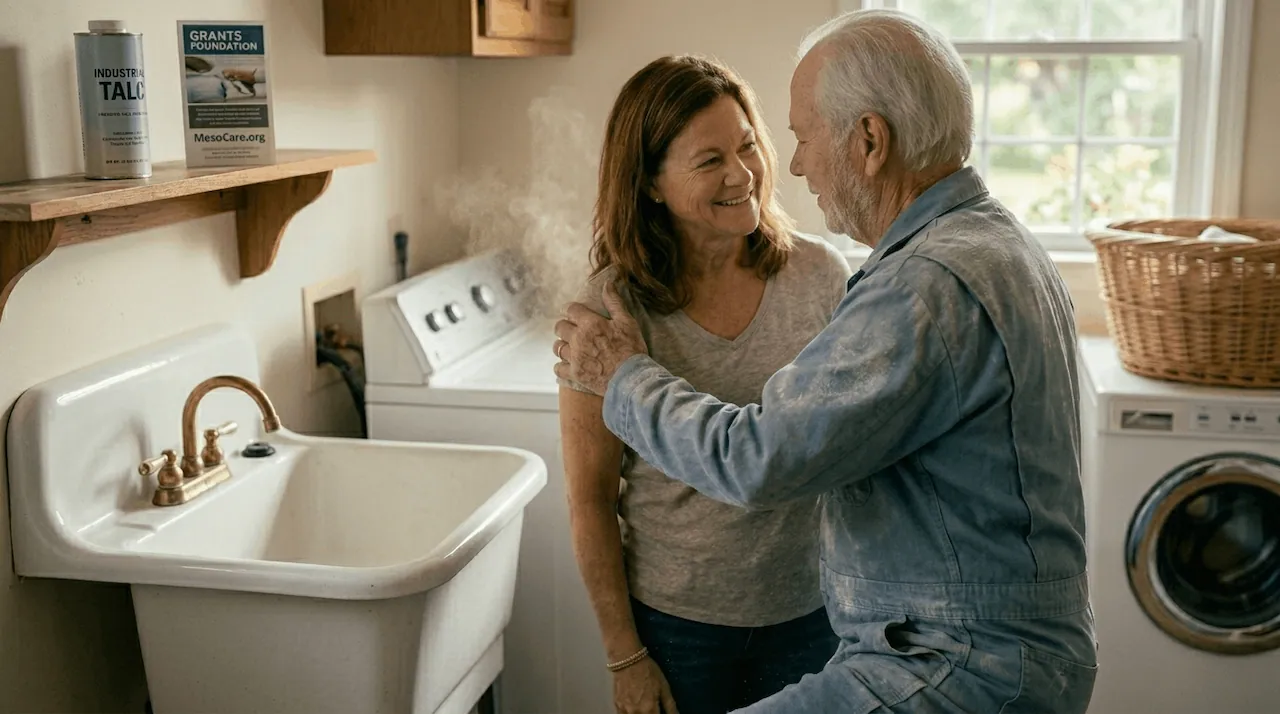 A documentary-style photograph of an older couple greeting in a sunlit laundry room. The man, a veteran, is wearing a light-blue work jacket heavily coated in fine white industrial talc dust. As he touches his wife's shoulder, fine dust particles rise, creating a visible cloud between them, illustrating the 'invisible link' of take-home asbestos exposure. Natural light catches the dust. The mood is quiet and subtly cautionary. Fine film grain, natural textures