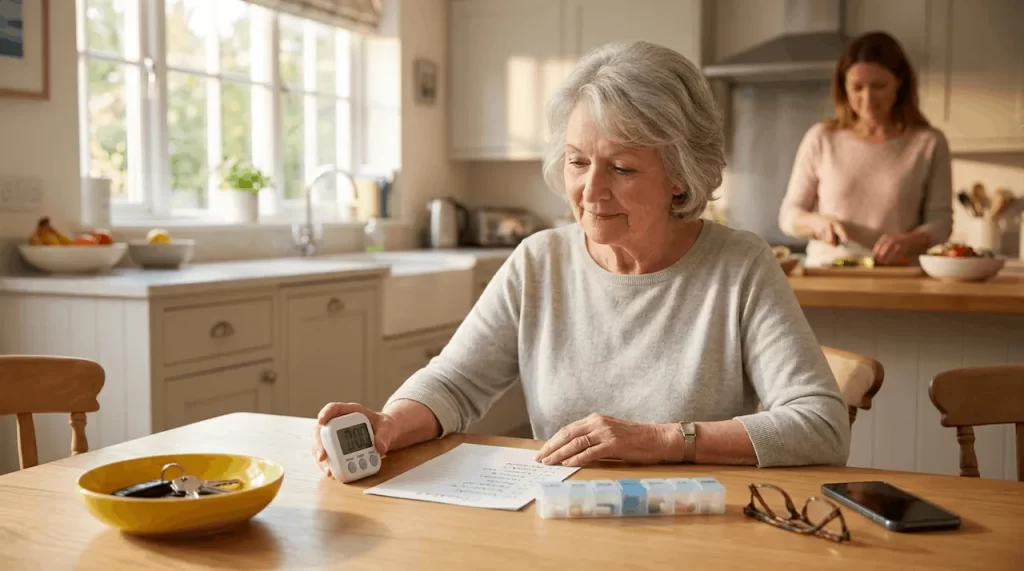 A senior woman using a digital timer and checklist at a kitchen table to manage chemo brain symptoms.