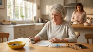 A senior woman using a digital timer and checklist at a kitchen table to manage chemo brain symptoms.