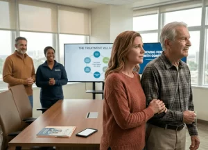 A caregiver holding the arm of an elderly mesothelioma patient as they walk forward confidently at a specialized treatment center.