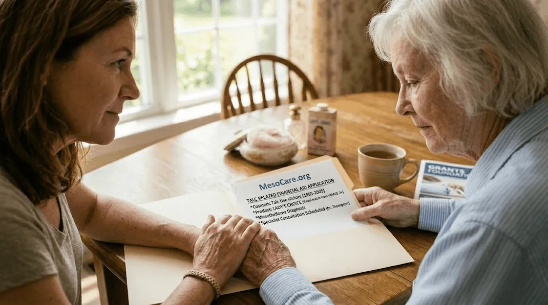 close-up photograph capturing an intimate connection between the caregiver and an older woman. Their hands rest on an open MesoCare.org folder titled 'TALC RELATED FINANCIAL AID APPLICATION.' Documents, a blurred 'LADY'S CHOICE' powder box, and a blurred 'GRANTS FOUNDATION' booklet are on the table. Afternoon sunlight filters through a window, creating a warm, organized atmosphere of empowerment and validation.