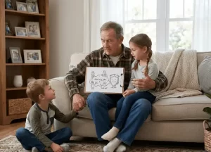 A grandfather sitting on a couch with his two young grandchildren, holding a simple drawing that explains his medical plan to them in a supportive and calm environment.