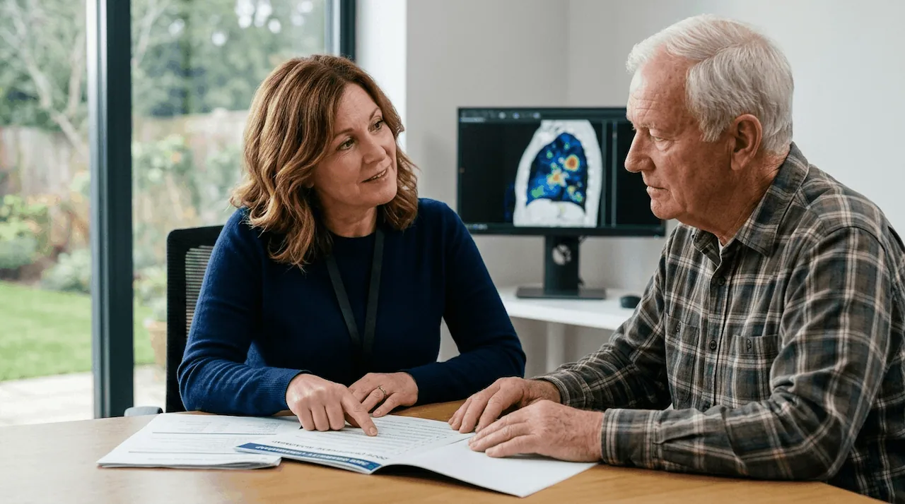 A documentary-style close-up of a compassionate unbranded Nurse Navigator and Arthur, an older veteran, seated collaboratively in a modern clinical office in 2026. Between them on a generic wooden table is an open, unbranded '2026 DISABILITY UPGRADE ROADMAP' checklist. The navigator points to a section while Arthur reviews medical documents with focused attention. In the background, a large unbranded medical monitor displays a high-resolution color-coded sagittal view of a Low-Dose CT (LDCT) 3D lung scan. Natural daylight from a garden window. Fine film grain, natural textures. F/4.0 lens. No digital text overlays or borders.