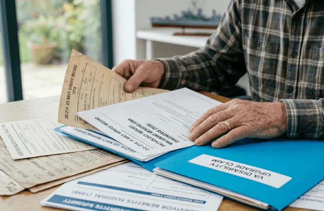 A documentary-style photograph capturing the weathered hands of a veteran. His worn hands carefully place these records on a wooden table alongside a modern 2026 pathological diagnosis labeled 'MALIGNANT MESOTHELIOMA DIAGNOSIS' and 'SURVIVOR BENEFITS ELIGIBILITY'. The meticulous scene is set in the sunlit medical office from image_72.png, with soft daylight highlighting the paper textures and aged skin. Shot on Kodak Portra 400 film grain. No digital text overlays or borders.