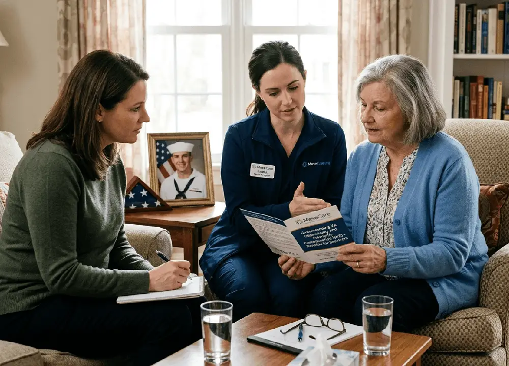 A supportive MesoCare.org advocate explaining VA Dependency and Indemnity Compensation (DIC) benefits to a senior widow and her adult daughter in a home setting, with a framed photo of a Navy veteran in the background.