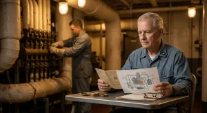 A senior Navy veteran examining his old service records and a technical diagram, set against a background of a sailor performing maintenance in a complex, insulated ship boiler room